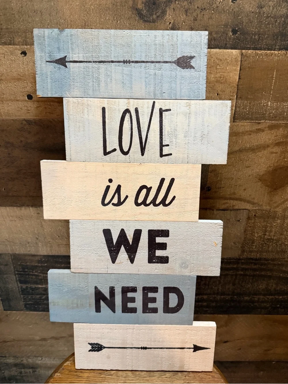 Love Is All We Need Stacked Wooden Wall Sign - Blue and Cream